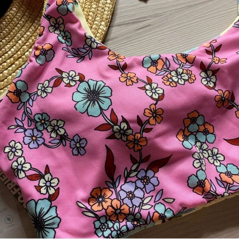 Maaji Floral Bikini Top in Cream and Blue